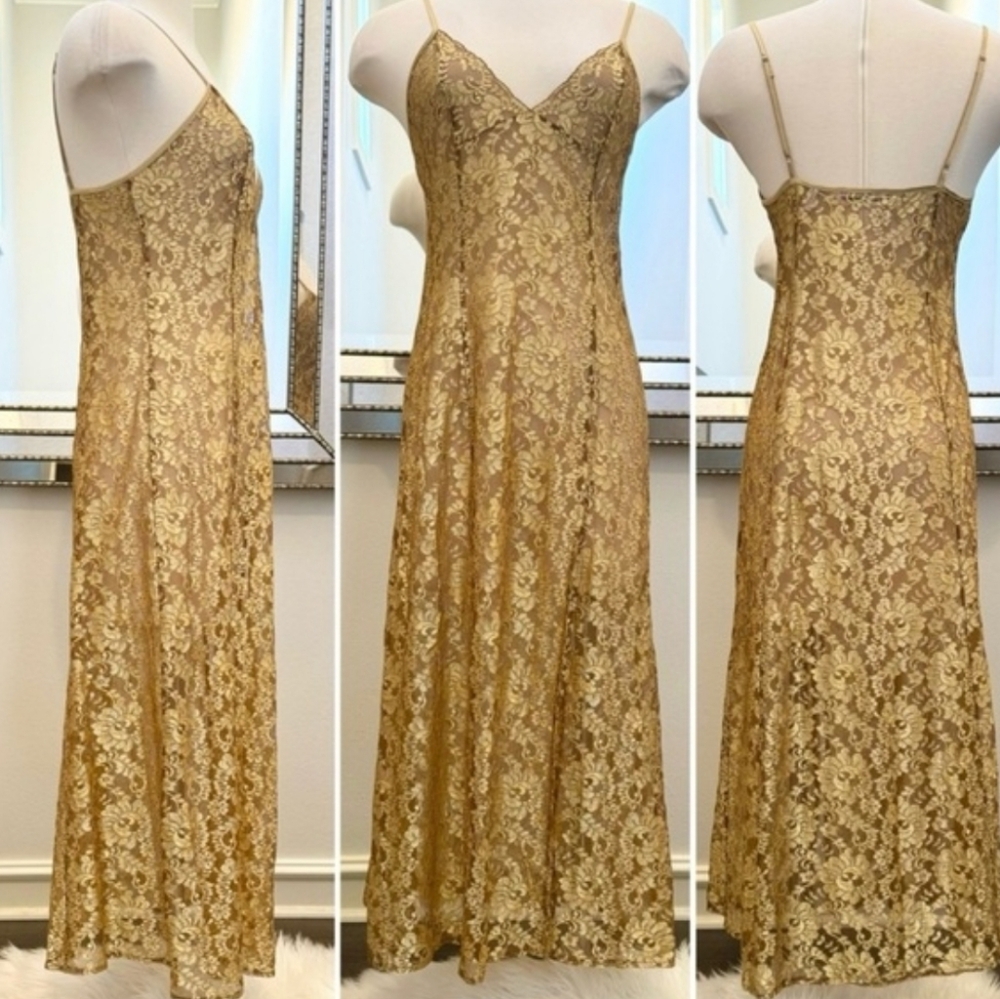 90s Victoria's Secret Gold Metallic Lace Slip Intimate Dress